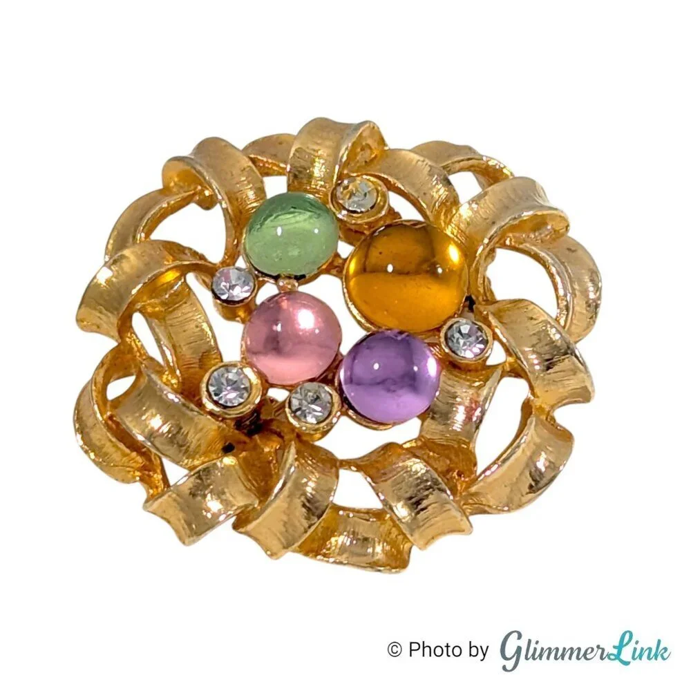 Vintage Pastel Cabochon Ribbon Brooch Gold Tone Multicolor Pin